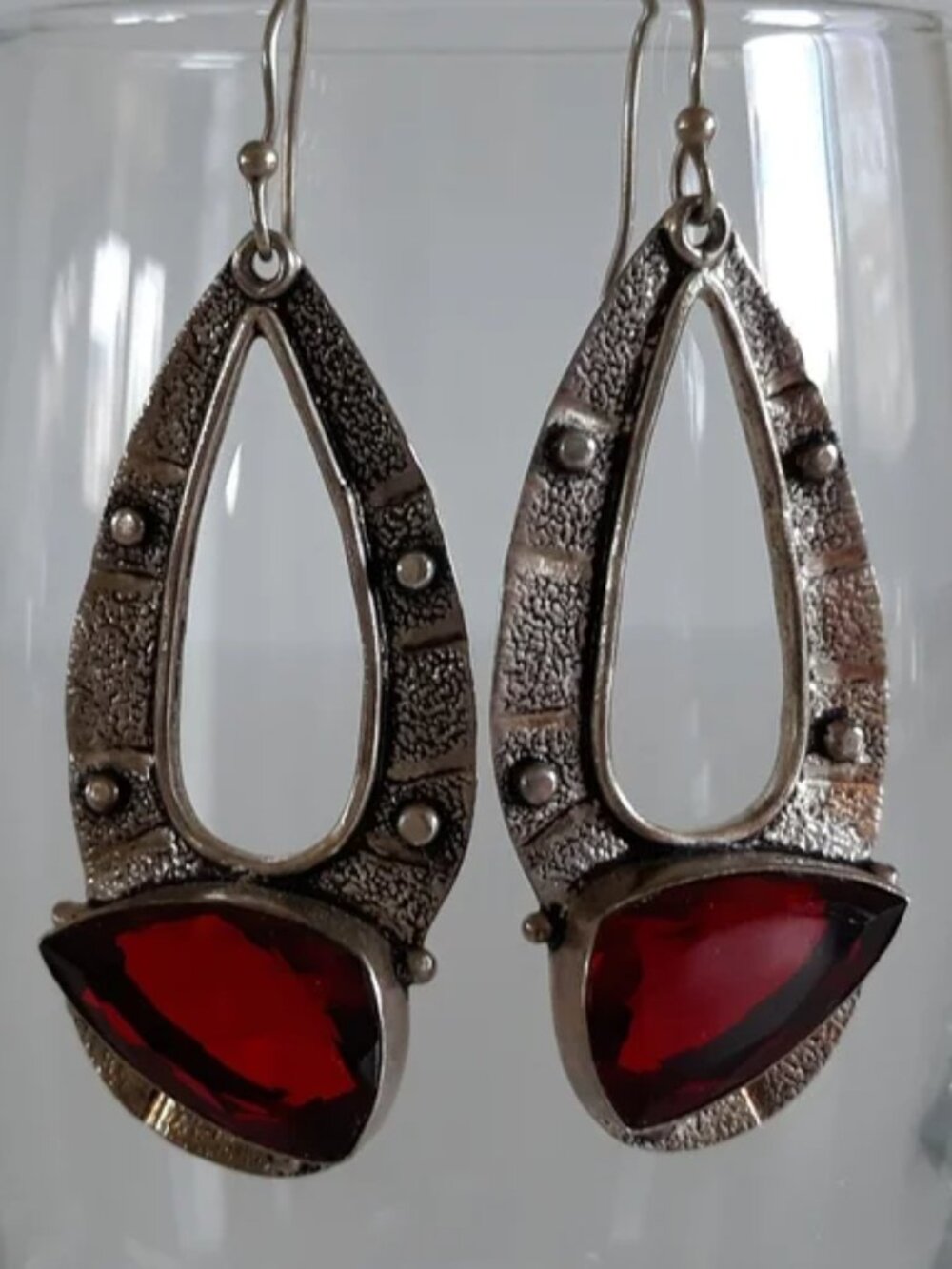 Vintage Brutalist Sterling Silver Bold Red Gemstone Teardrop Pierced Earrings